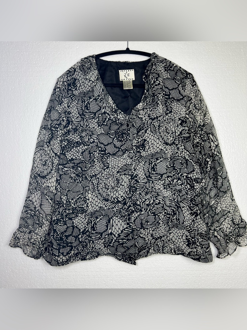 Ice vintage collection black white floral beaded sheer silk blouse size XL